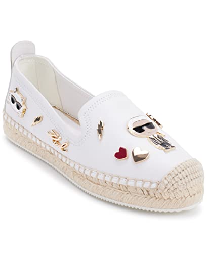 Karl Lagerfeld Paris Women's Michaela Slip On Embellished Flat Espadrille Platform, Bright White, 10