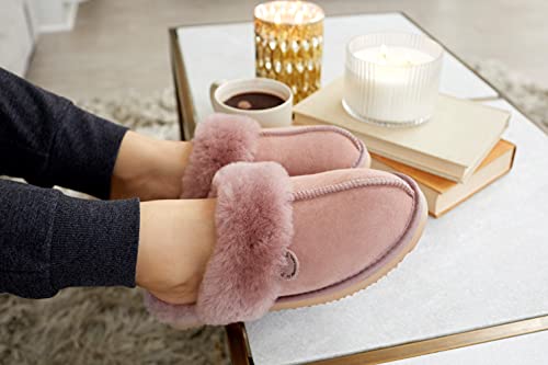 Dearfoams Womens Fireside Sydney Shearling Fur Indoor/Outdoor Scuff With Wide Widths Slipper, Dusty Pink, 9 US