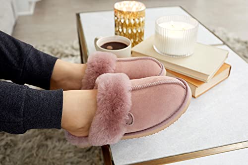 Dearfoams Women's Fireside Sydney Shearling Fur Indoor/Outdoor Scuff Slipper with Wide Widths, Dusty Pink, 6