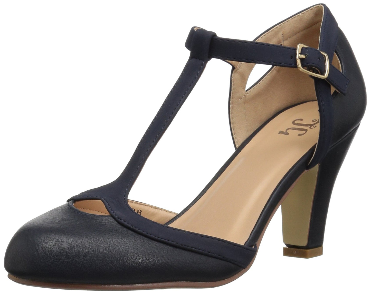 Brinley Co. Womens Cut Out Round Toe T-Strap Two-Tone Matte Mary Jane Pumps Navy, 7 Wide Width US