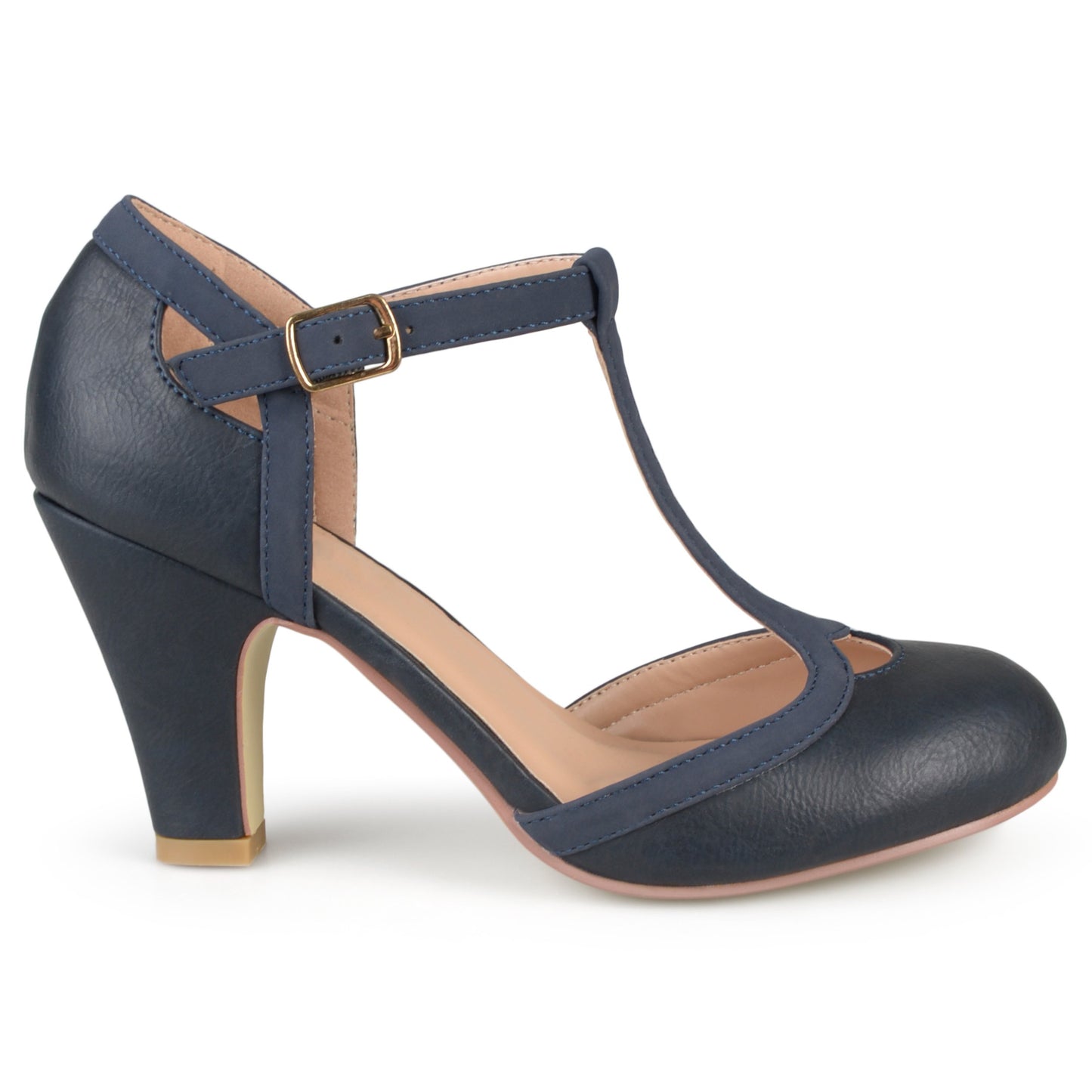 Brinley Co. Womens Cut Out Round Toe T-Strap Two-Tone Matte Mary Jane Pumps Navy, 7 Wide Width US