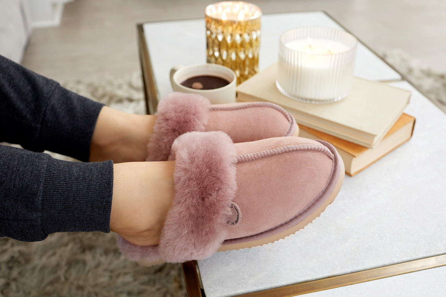 Dearfoams Womens Fireside Sydney Shearling Fur Indoor/Outdoor Scuff With Wide Widths Slipper, Dusty Pink, 9 US