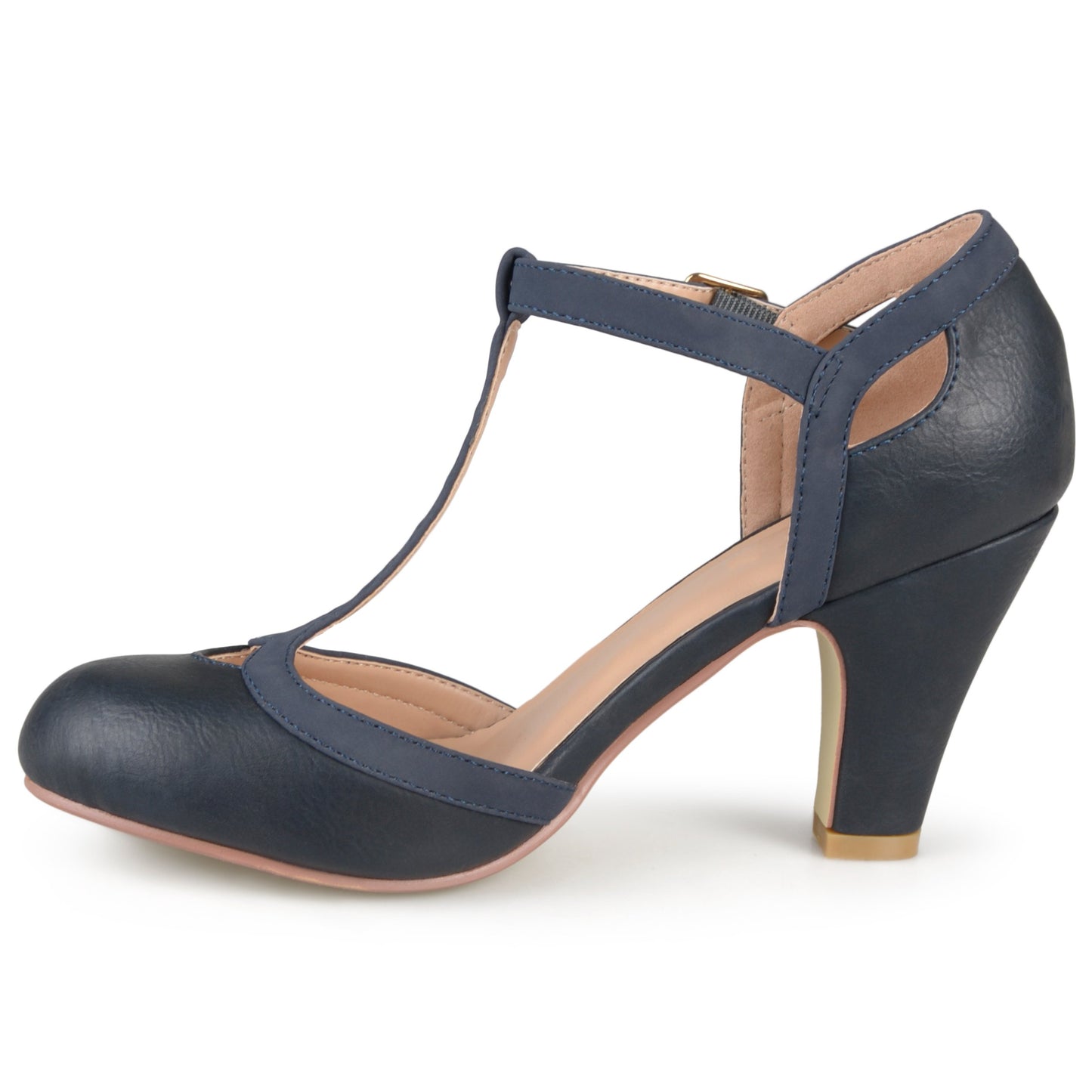 Brinley Co. Womens Cut Out Round Toe T-Strap Two-Tone Matte Mary Jane Pumps Navy, 7 Wide Width US